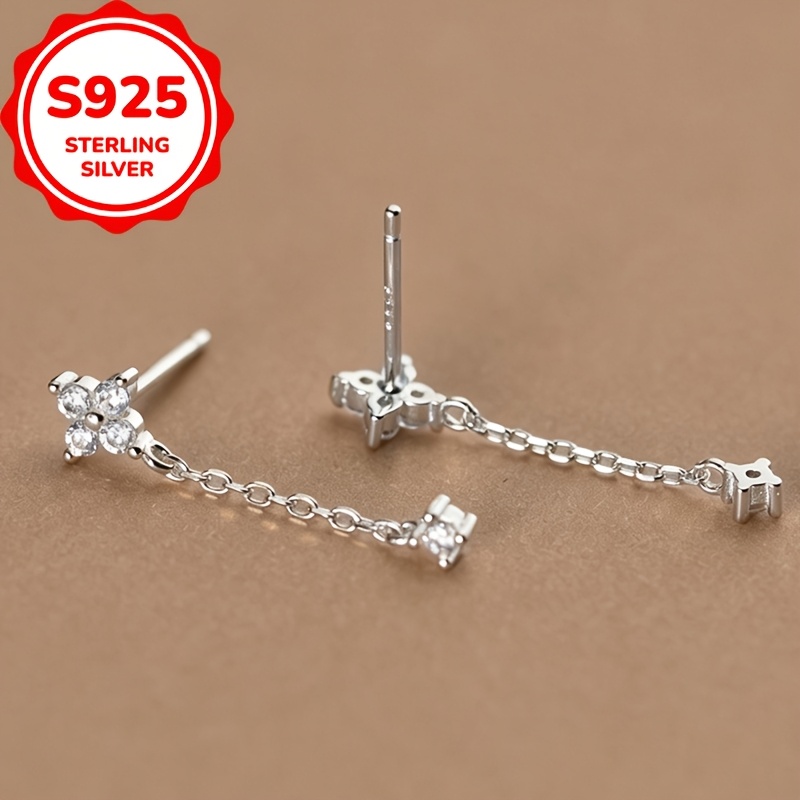 Women's S925 Silver Four-Leaf Clover Tassel Stud Earrings